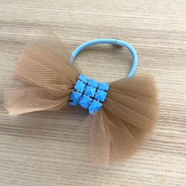 ★40％OFF★froufroudesucre フルフルドシュクル Tulle ribbon hair tie brown チュールリボン 青スタッズ×ブラウン