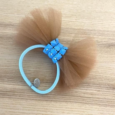 ★40％OFF★froufroudesucre フルフルドシュクル Tulle ribbon hair tie brown チュールリボン 青スタッズ×ブラウン