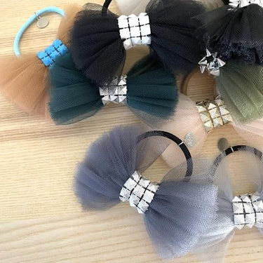 ★40％OFF★froufroudesucre フルフルドシュクル Tulle ribbon hair tie green チュールリボン シルバースタッズ×D.グリーン
