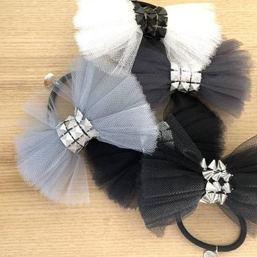 ★40％OFF★froufroudesucre フルフルドシュクル Tulle ribbon hair tie green チュールリボン シルバースタッズ×D.グリーン