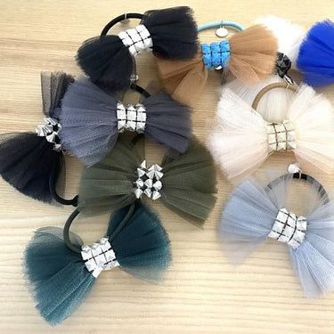 ★40％OFF★froufroudesucre フルフルドシュクル Tulle ribbon hair tie green チュールリボン シルバースタッズ×D.グリーン