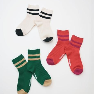 stample スタンプル 靴下 スラブスイッチ ライン リブショートソックス ３Ｐ white&red&green 72978


