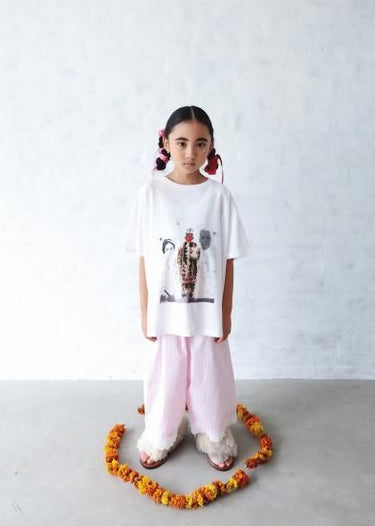 ★入荷済み★2025SS★michirico ミチリコ Hem lace wide sarouel stripe&plaid pants ペールピンク MR25SS-26(kids/adult)