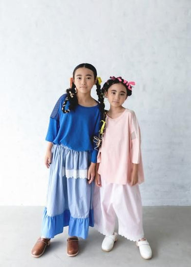 ★入荷済み★2025SS★michirico ミチリコ Hem lace wide sarouel stripe&plaid pants ペールピンク MR25SS-26(kids/adult)