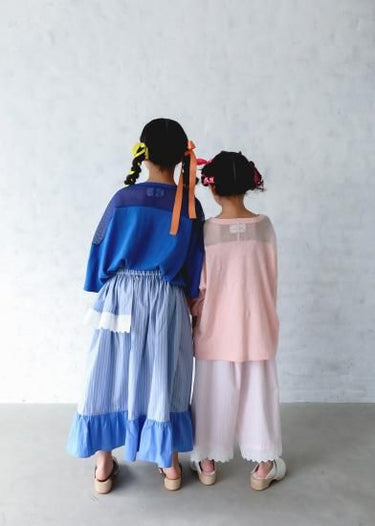 ★入荷済み★2025SS★michirico ミチリコ Hem lace wide sarouel stripe&plaid pants ペールピンク MR25SS-26(kids/adult)