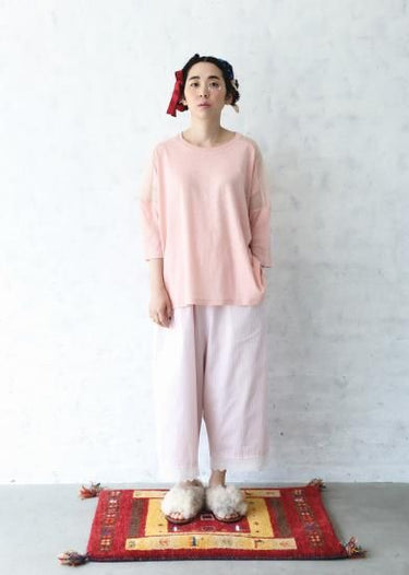 ★入荷済み★2025SS★michirico ミチリコ Hem lace wide sarouel stripe&plaid pants ペールピンク MR25SS-26(kids/adult)