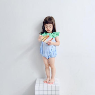 ★frankygrow BABY★frankygrow フランキーグロウ Pleats Collar Rompers Dyed GREEN-L.BLUE fgby24bb#15