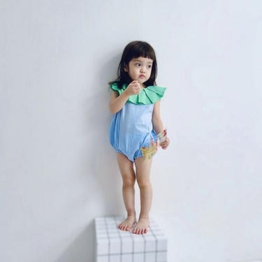★frankygrow BABY★frankygrow フランキーグロウ Pleats Collar Rompers Dyed GREEN-L.BLUE fgby24bb#15