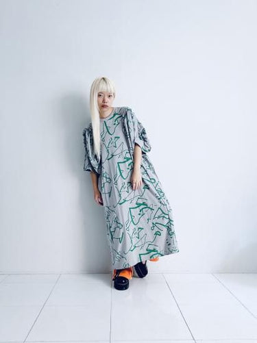 ★2025SS★frankygrow フランキーグロウ ORG.PT DEFORMATION GATHER SLEEVES DRESS GRAY-GREEN 25SOP-270