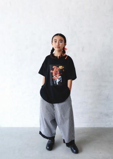 ★入荷済み★2025SS★michirico ミチリコ Hem lace wide sarouel stripe&plaid pants 黒×白 MR25SS-26(kids/adult)