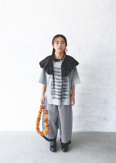 ★入荷済み★2025SS★michirico ミチリコ Hem lace wide sarouel stripe&plaid pants 黒×白 MR25SS-26(kids/adult)
