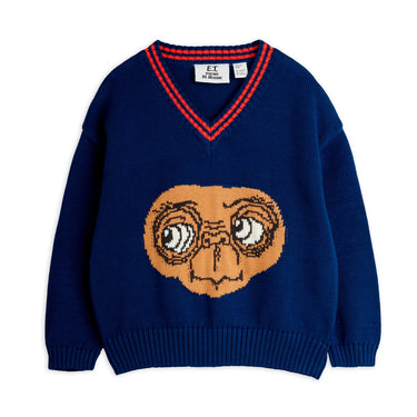 ★E.T. PHONE 2026SS collection★mini rodini ミニロディーニ E.T. intarsia v-neck sweater Blue