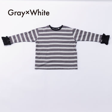 ★入荷済み★2026AW★nunuforme ヌヌフォルム ボーダー ダブル フリルスリーブT Gray×White 40-nf26-999-724