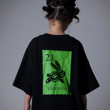 ★入荷済み★kihanan春の特注Tシャツ★UNIONINI ユニオニーニ kihanan big tee black(プリント部分鮮やかグリーン) stamp 26SS-CS-049-1